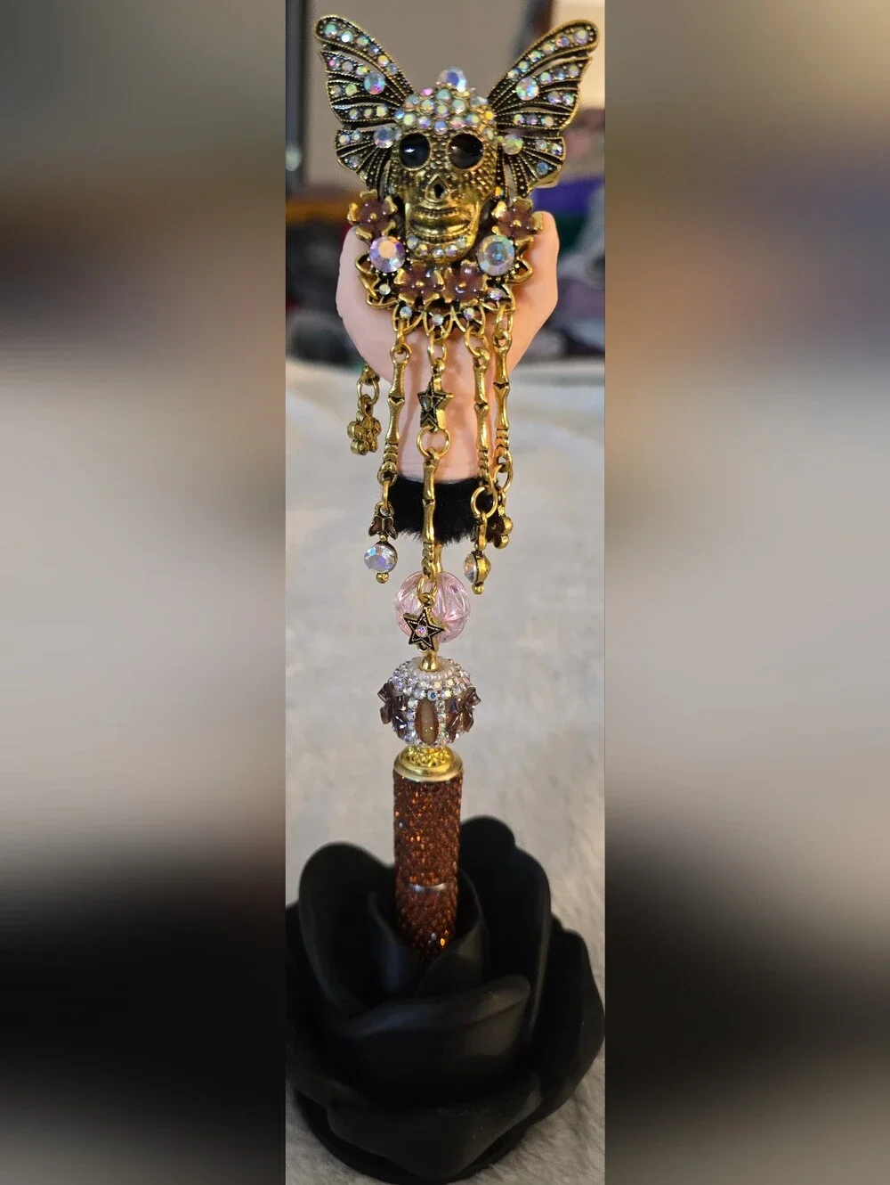 Gold-Tone and Brown Crystal Beaded Pen - Skull In Hand